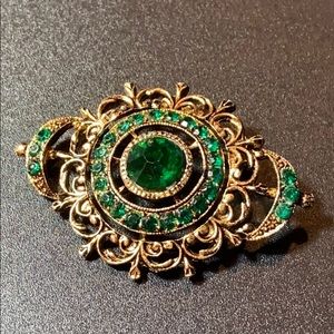 SOLD Vintage Gold & Emerald Green Rhinestone Brooch